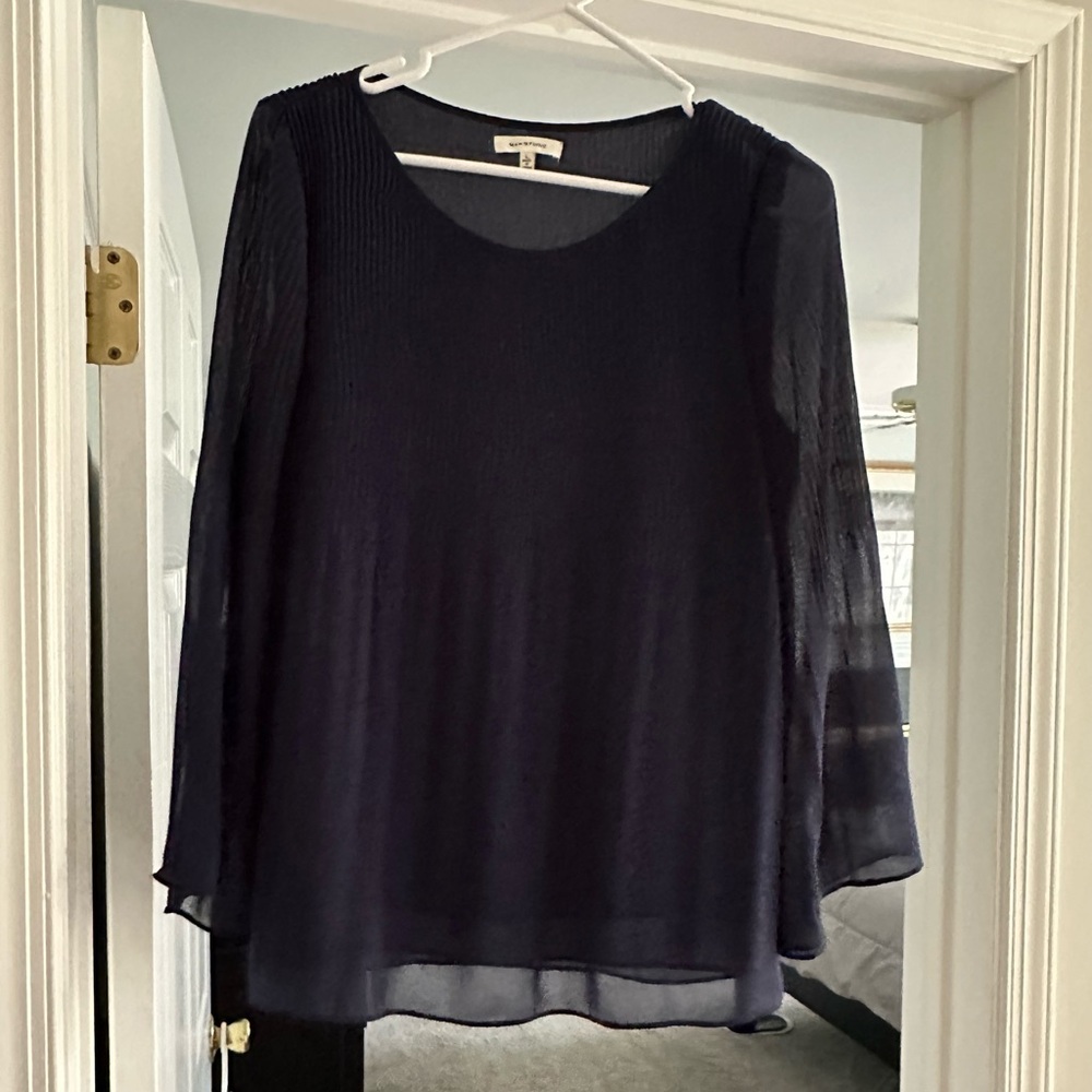Max Studio Dark Navy Sheer Long-Sleeve Blouse